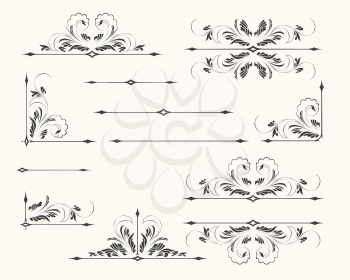 Set of decorative floral elements in vintage style. Dividers Corners and borders. Isolated on monochrome background.