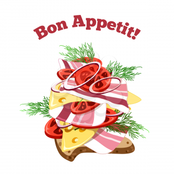 Big Sandwich and lettering Bon Appetit. Isolated on white background. Only free font used.