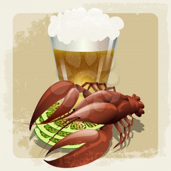 Illustration with prepared lobster against glass of beer drawn in vintage style with using selfmade grunge pattern