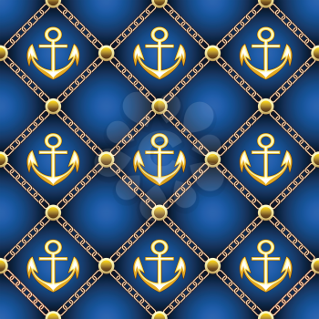 Seamless upholstery pattern with golden anchors and chains drawn with using gradients 