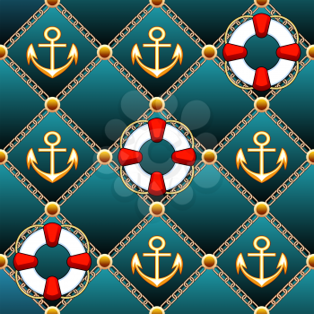 Seamless upholstery pattern with  lifebuoy and golden anchors drawn with using gradients 