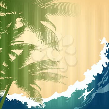 Illustration of palm trees against ocean wave drawn in retro style with using cardboard texture