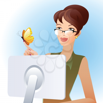 Illustration of secretary woman looking at butterfly on her finger