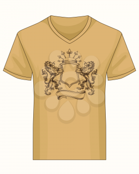 V-neck shirt  with print template. Coat of fame with crown and lions drawn in engraving style.