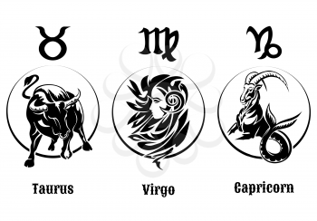 Three zodiac signs of Earth. Isolated on white background. Only free font Sancreek used.