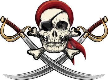 Illustration with skull in kerchieft and against two sabres drawn in tattoo sketch style