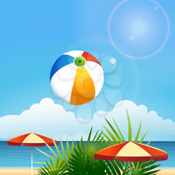 Summer beach theme. Flying ball against palm nrees and sun umbrellas.