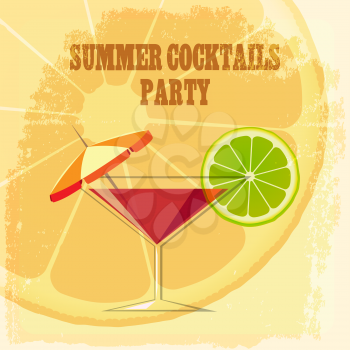 Summer Cocktail Party Theme. Cocktail drink with lime slice and umbrella on grunge background.