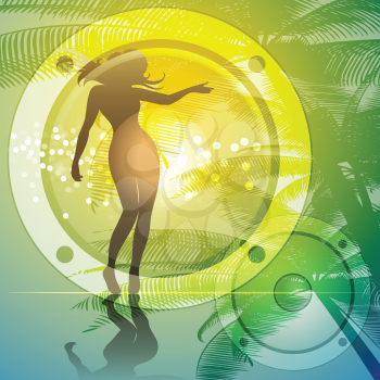 Abstract illustration of tropical seashore with woman silhouette against loudspeakers and palm trees