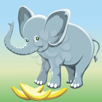 Funny illustration with smiling baby elephant and bananas drawn in cartoon style