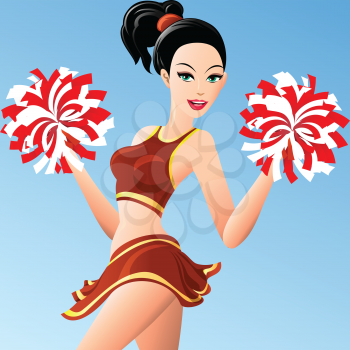 Illustration of  pretty girl in cheerleader uniform with pompons in her hands drawn in cartoon style