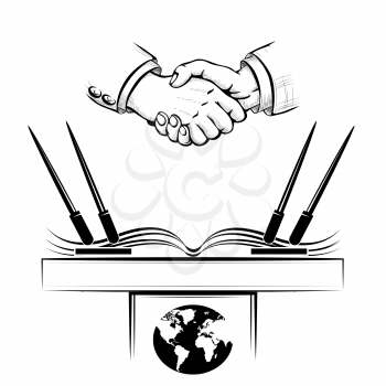 Handshake above political or commercial agreement.Isolated on white background.