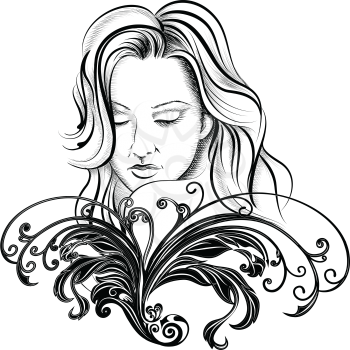 Illustration with young woman face behind floral swirls drawn in handmade ink style.