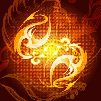 Illustration with flame tips drawn in shape of dragon bodies against dark red swirly background as allegory of ancient astrological fire element 