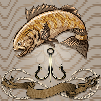 Illustration with huge fish and treble hook above the ribbon and rope against wavy pattern drawn in retro style with use sepia palette