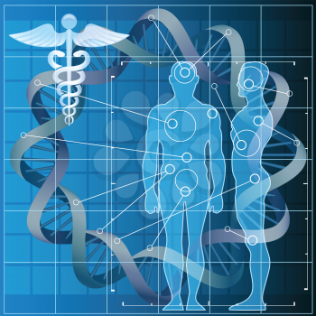 Illustration with double helix and human silhouettes as allegory of medical genetic code researches