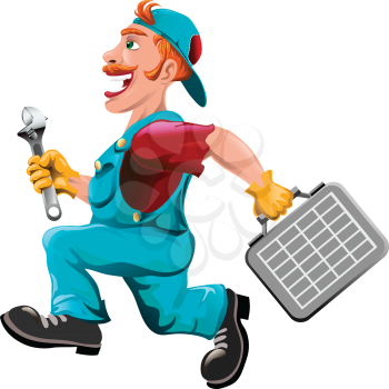 Funny illustration with plumber running to help drawn in cartoon style