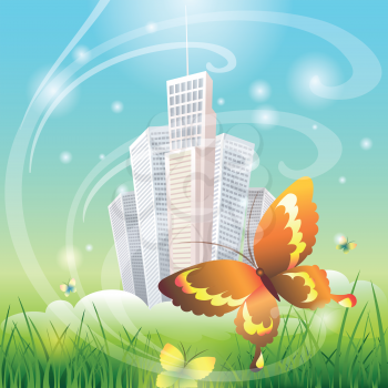 Illustration with  flying butterflies over morning meadow against city drawn in cartoon style