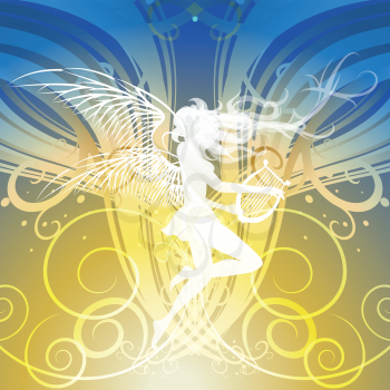 Illustration with dancing muse holding lyre in hands against festive
background