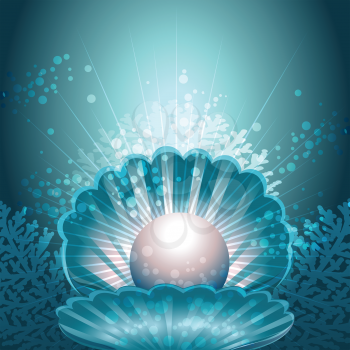 Illustration of open shell with pearl inside against sea background with corals drawn in fantasy style