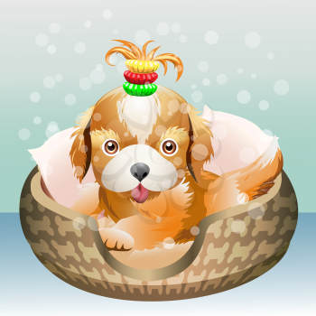 Illustration with cute puppy in a dog bed against festive background 