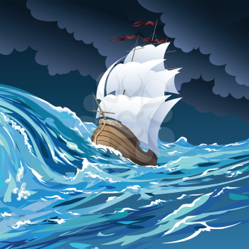 Illustration with sail ship drifting in stormy ocean against  cloudy night sky drawn in cartoon style