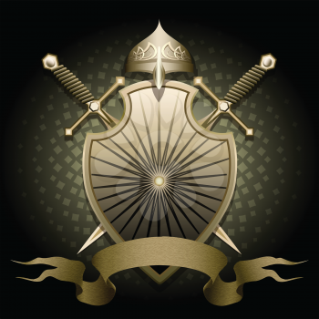 The shield with helmet two swords and banner for text against dark green background drawn in classic style