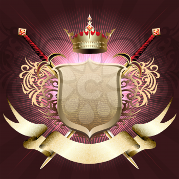 The shield with crown, two swords and banner against dark pink background drawn in classic style
