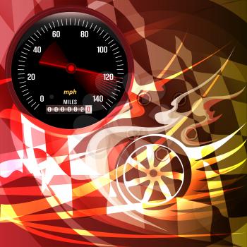 Illustration with speedometer and bouncing arrow against abstract background with wheels and flame tips drawn in vintage placard style