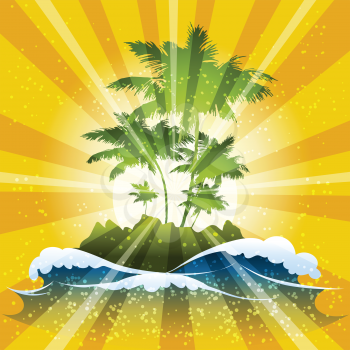 Illustration with tropical island and ocean waves against sunbeams background