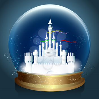 Vector bright glowing crystal ball with Magic fantasy castle inside.