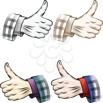 Set of vintage thumb up gesture drawn in different color variations