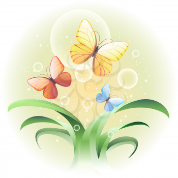Vector illustration with a sprouts and flying butterflies against  bubbles