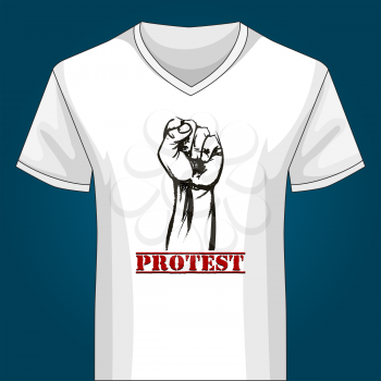V neck Shirt Template with Protest Fist drawn in sketch style and lettering Protest. Free font Top Secret Bold used.