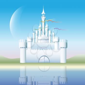 Illustration of white castle on a lake drawn in fantasy style