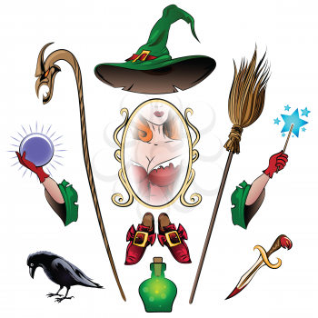 Witch accessories colorful set. Broom, crystal ball, ritual knife, staff, magic shoes, magic mirror, poison bottle, magic wand drawn in cartoon style. Isolated on white.