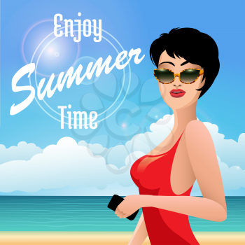 Beautiful girl in swimsuit and cell phone on a tropical beach. Vacation theme with lettering Enjoy Summer Time.