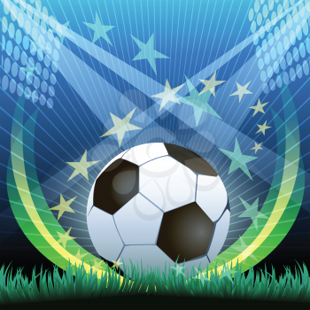 Illustration of soccer ball on a grass against stadium arena and flying stars