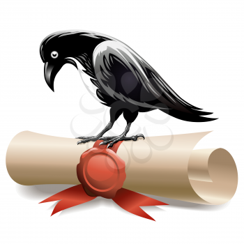 Illustration of Black raven sitting on a diploma