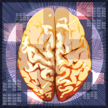 Illustration of human brain against circuit board and binary code messages drawn in techno style as metaphor of modern achievements in cybernetics