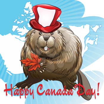 Illustration of smiling beaver in holiday hat with maple lef in a hands against contours of Canada drawn in cartoon style