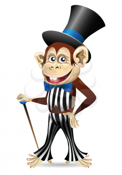 Funny illustration of cheerful monkey in dandy clothes with a cane drawn in cartoon style