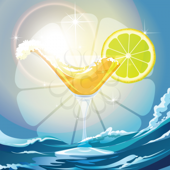 Illustration of drink wave and lime slice in a cocktail glass against wavy background