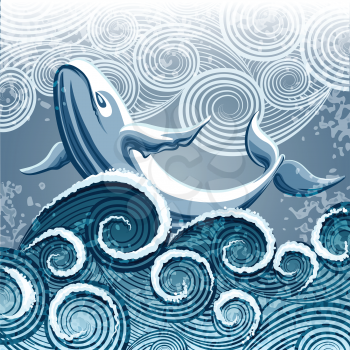 Illustration with jumping whale against stormy seascape drawn in vintage style with using self-made grunge pattern