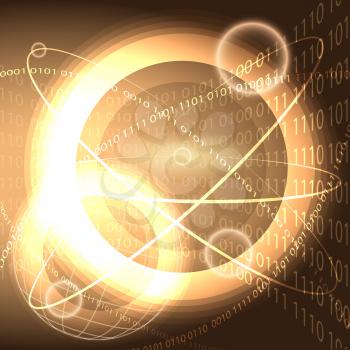 Illustration with shining circles and bubbles against futuristic binary code background as metaphor of global cybernetic space