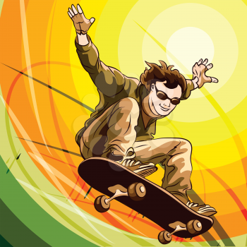 Funny illustration of jumping skateboarder against colorful background