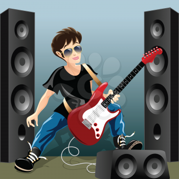 Funny illustration with young rock guitarist during repetition in a basement drawn in cartoon style