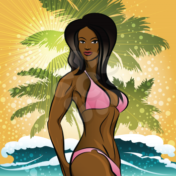 Illustration of pretty girl in swimwear against palm trees and tropical background drawn in vintage style