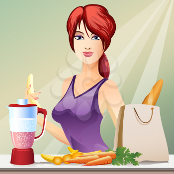 Illustration with young cute woman cooking healthy fruit cocktail drawn in cartoon style