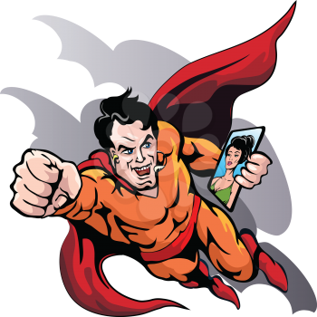 Humorous illustration of flying superhero who talking with his girl friend in skype drawn in comics style